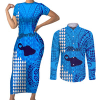 Personalised Maui Island Couples Matching Short Sleeve Bodycon Dress and Long Sleeve Button Shirts Kakau Tribal Mixed Polynesian Pattern Blue LT9 Blue - Polynesian Pride