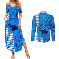 Personalised Maui Island Couples Matching Summer Maxi Dress and Long Sleeve Button Shirts Kakau Tribal Mixed Polynesian Pattern Blue LT9 Blue - Polynesian Pride