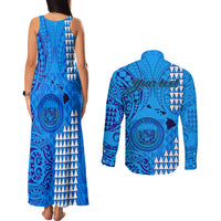 Personalised Maui Island Couples Matching Tank Maxi Dress and Long Sleeve Button Shirts Kakau Tribal Mixed Polynesian Pattern Blue LT9 - Polynesian Pride