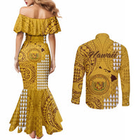 Maui Island Couples Matching Mermaid Dress and Long Sleeve Button Shirts Kakau Tribal Mixed Polynesian Pattern Gold LT9 - Polynesian Pride