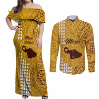 Maui Island Couples Matching Off Shoulder Maxi Dress and Long Sleeve Button Shirts Kakau Tribal Mixed Polynesian Pattern Gold LT9 Gold - Polynesian Pride