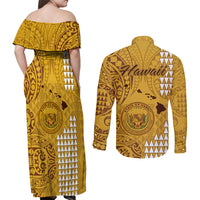 Maui Island Couples Matching Off Shoulder Maxi Dress and Long Sleeve Button Shirts Kakau Tribal Mixed Polynesian Pattern Gold LT9 - Polynesian Pride