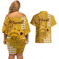 Maui Island Couples Matching Off Shoulder Short Dress and Hawaiian Shirt Kakau Tribal Mixed Polynesian Pattern Gold LT9 - Polynesian Pride