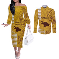Maui Island Couples Matching Off The Shoulder Long Sleeve Dress and Long Sleeve Button Shirts Kakau Tribal Mixed Polynesian Pattern Gold LT9 Gold - Polynesian Pride