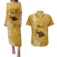 Maui Island Couples Matching Puletasi Dress and Hawaiian Shirt Kakau Tribal Mixed Polynesian Pattern Gold LT9 Gold - Polynesian Pride