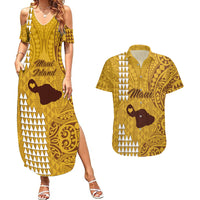 Maui Island Couples Matching Summer Maxi Dress and Hawaiian Shirt Kakau Tribal Mixed Polynesian Pattern Gold LT9 Gold - Polynesian Pride