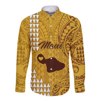 Maui Island Long Sleeve Button Shirt Kakau Tribal Mixed Polynesian Pattern Gold LT9 Unisex Gold - Polynesian Pride