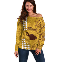 Maui Island Off Shoulder Sweater Kakau Tribal Mixed Polynesian Pattern Gold LT9 Women Gold - Polynesian Pride