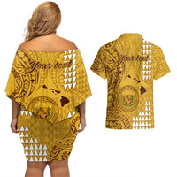 Personalised Maui Island Couples Matching Off Shoulder Short Dress and Hawaiian Shirt Kakau Tribal Mixed Polynesian Pattern Gold LT9 - Polynesian Pride