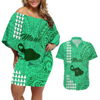 Maui Island Couples Matching Off Shoulder Short Dress and Hawaiian Shirt Kakau Tribal Mixed Polynesian Pattern Green LT9 Green - Polynesian Pride