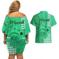 Maui Island Couples Matching Off Shoulder Short Dress and Hawaiian Shirt Kakau Tribal Mixed Polynesian Pattern Green LT9 - Polynesian Pride