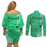 Maui Island Couples Matching Off Shoulder Short Dress and Long Sleeve Button Shirts Kakau Tribal Mixed Polynesian Pattern Green LT9 - Polynesian Pride