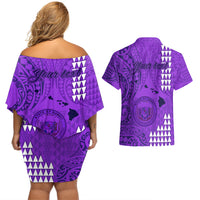 Personalised Maui Island Couples Matching Off Shoulder Short Dress and Hawaiian Shirt Kakau Tribal Mixed Polynesian Pattern Purple LT9 - Polynesian Pride