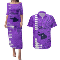 Personalised Maui Island Couples Matching Puletasi Dress and Hawaiian Shirt Kakau Tribal Mixed Polynesian Pattern Purple LT9 Purple - Polynesian Pride