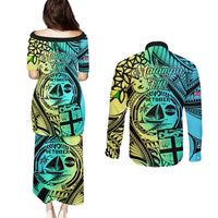 Malampa Fiji Day Couples Matching Puletasi Dress and Long Sleeve Button Shirts Vanuatu Sand Drawing With Polynesian Pattern LT9 - Polynesian Pride