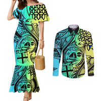 Personalised Malampa Fiji Day Couples Matching Mermaid Dress and Long Sleeve Button Shirts Vanuatu Sand Drawing With Polynesian Pattern LT9 Black - Polynesian Pride