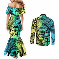 Personalised Malampa Fiji Day Couples Matching Mermaid Dress and Long Sleeve Button Shirts Vanuatu Sand Drawing With Polynesian Pattern LT9 - Polynesian Pride