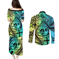 Personalised Malampa Fiji Day Couples Matching Puletasi Dress and Long Sleeve Button Shirts Vanuatu Sand Drawing With Polynesian Pattern LT9 - Polynesian Pride