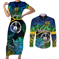 Malampa Day Couples Matching Short Sleeve Bodycon Dress and Long Sleeve Button Shirts Vanuatu Flowers with Malampa Emblem Tribal Pattern LT9 Black - Polynesian Pride