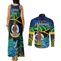 Malampa Day Couples Matching Tank Maxi Dress and Long Sleeve Button Shirts Vanuatu Flowers with Malampa Emblem Tribal Pattern LT9 - Polynesian Pride