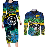 Personalised Malampa Day Couples Matching Long Sleeve Bodycon Dress and Long Sleeve Button Shirts Vanuatu Flowers with Malampa Emblem Tribal Pattern LT9 Black - Polynesian Pride
