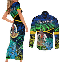 Personalised Malampa Day Couples Matching Short Sleeve Bodycon Dress and Long Sleeve Button Shirts Vanuatu Flowers with Malampa Emblem Tribal Pattern LT9 - Polynesian Pride