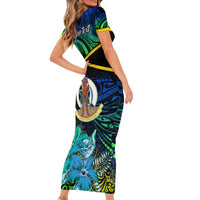 Personalised Malampa Day Short Sleeve Bodycon Dress Vanuatu Flowers with Malampa Emblem Tribal Pattern LT9 - Polynesian Pride