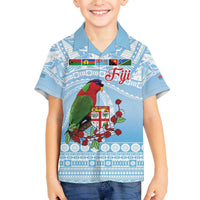 Melanesian Fiji Kula Bird Family Matching Off The Shoulder Long Sleeve Dress and Hawaiian Shirt with Tagimoucia Masi Tapa Pattern LT9 Son's Shirt Blue - Polynesian Pride