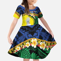 Melanesian New Caledonia Family Matching Tank Maxi Dress and Hawaiian Shirt Plumeria Kagu Bird and Nautilus Shell LT9 Daughter's Dress Blue - Polynesian Pride