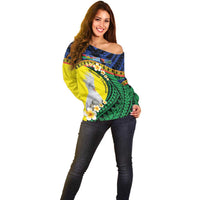 Melanesian New Caledonia Off Shoulder Sweater Plumeria Kagu Bird and Nautilus Shell