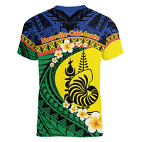 Melanesian New Caledonia Women V-Neck T-Shirt Plumeria Kagu Bird and Nautilus Shell LT9 - Polynesian Pride