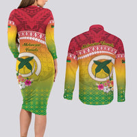 Melanesian Ni-Vanuatu Couples Matching Long Sleeve Bodycon Dress and Long Sleeve Button Shirt Sea Turtle with Sand Drawing Pattern