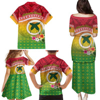 Melanesian Ni-Vanuatu Family Matching Puletasi and Hawaiian Shirt Sea Turtle with Sand Drawing Pattern