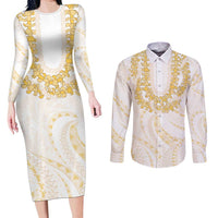 Aloha Lei Onaona Couples Matching Long Sleeve Bodycon Dress and Long Sleeve Button Shirt Beige Hawaiian Tribal Pattern LT9 Beige - Polynesian Pride