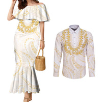 Aloha Lei Onaona Couples Matching Mermaid Dress and Long Sleeve Button Shirt Beige Hawaiian Tribal Pattern