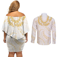 Aloha Lei Onaona Couples Matching Off Shoulder Short Dress and Long Sleeve Button Shirt Beige Hawaiian Tribal Pattern LT9 - Polynesian Pride