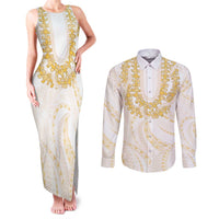Aloha Lei Onaona Couples Matching Tank Maxi Dress and Long Sleeve Button Shirt Beige Hawaiian Tribal Pattern LT9 Beige - Polynesian Pride