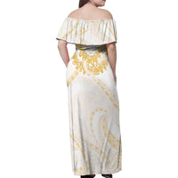Aloha Lei Onaona Family Matching Off Shoulder Maxi Dress and Hawaiian Shirt Beige Hawaiian Tribal Pattern