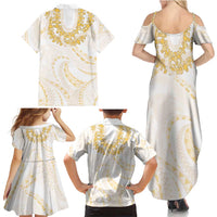 Aloha Lei Onaona Family Matching Summer Maxi Dress and Hawaiian Shirt Beige Hawaiian Tribal Pattern