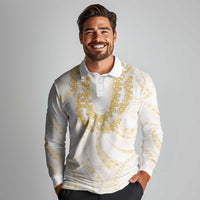 Aloha Lei Onaona Long Sleeve Polo Shirt Beige Hawaiian Tribal Pattern