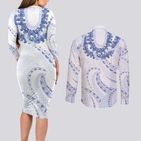 Aloha Lei Onaona Couples Matching Long Sleeve Bodycon Dress and Long Sleeve Button Shirt Navy Blue Hawaiian Tribal Pattern LT9 - Polynesian Pride