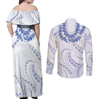 Aloha Lei Onaona Couples Matching Off Shoulder Maxi Dress and Long Sleeve Button Shirt Navy Blue Hawaiian Tribal Pattern LT9 - Polynesian Pride