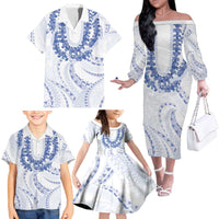 Aloha Lei Onaona Family Matching Off The Shoulder Long Sleeve Dress and Hawaiian Shirt Navy Blue Hawaiian Tribal Pattern