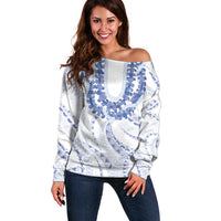 Aloha Lei Onaona Off Shoulder Sweater Navy Blue Hawaiian Tribal Pattern