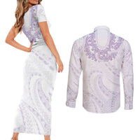 Aloha Lei Onaona Couples Matching Short Sleeve Bodycon Dress and Long Sleeve Button Shirt Purple Hawaiian Tribal Pattern LT9 - Polynesian Pride