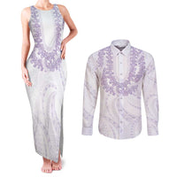 Aloha Lei Onaona Couples Matching Tank Maxi Dress and Long Sleeve Button Shirt Purple Hawaiian Tribal Pattern LT9 Purple - Polynesian Pride