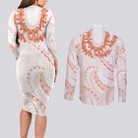 Aloha Lei Onaona Couples Matching Long Sleeve Bodycon Dress and Long Sleeve Button Shirt Red Hawaiian Tribal Pattern LT9 - Polynesian Pride