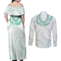 Aloha Lei Onaona Couples Matching Off Shoulder Maxi Dress and Long Sleeve Button Shirt Sage Green Hawaiian Tribal Pattern LT9 - Polynesian Pride