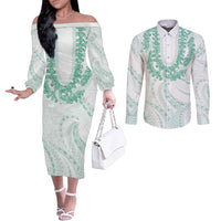 Aloha Lei Onaona Couples Matching Off The Shoulder Long Sleeve Dress and Long Sleeve Button Shirt Sage Green Hawaiian Tribal Pattern LT9 Green - Polynesian Pride