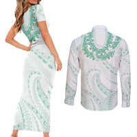 Aloha Lei Onaona Couples Matching Short Sleeve Bodycon Dress and Long Sleeve Button Shirt Sage Green Hawaiian Tribal Pattern LT9 - Polynesian Pride